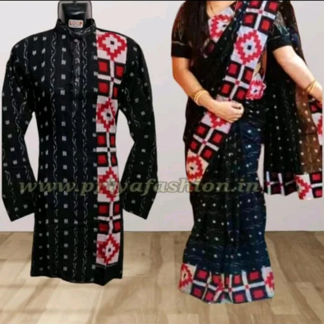 102265 Sambalpuri Handloom Cotton Couple Dress Long Kurta And Saree With Blause - 38 Size