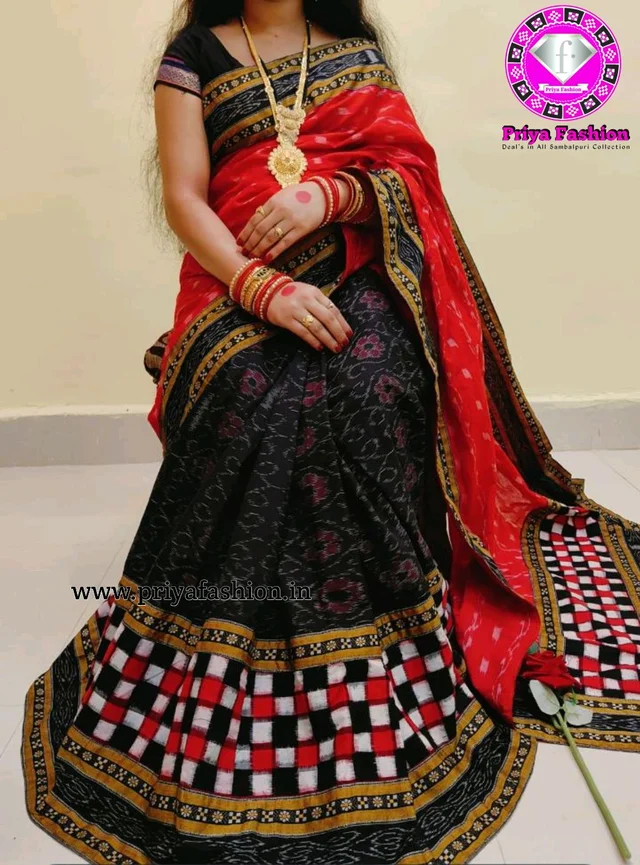 102267 Sambalpuri Handloom Cotton Patchwork Saree With Blause - Black