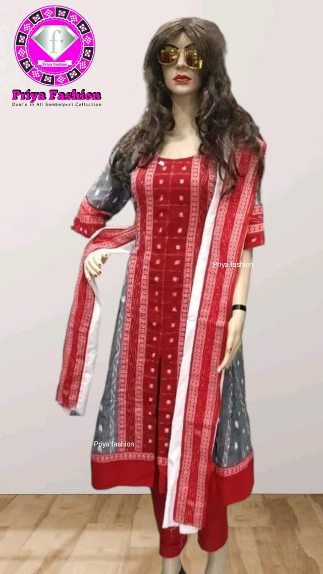 102285 Sambalpuri Round Long Top / Round Kurti With Dupatta & Pant Set - Gray, 36, Round Long Top + Dupatta + Pant