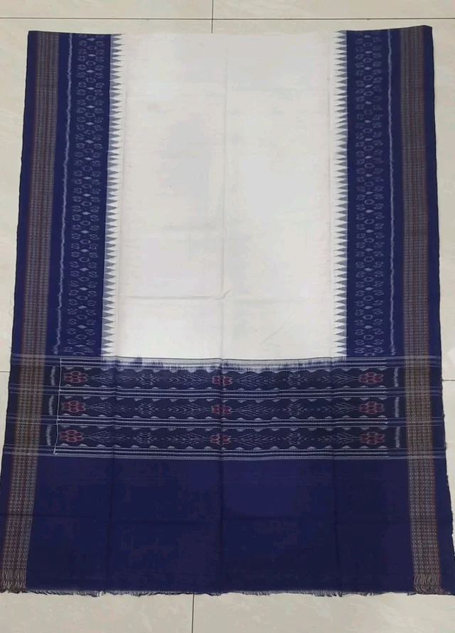 102290 Sambalpuri Handloom Cotton Dupatta - White, Navy Blue