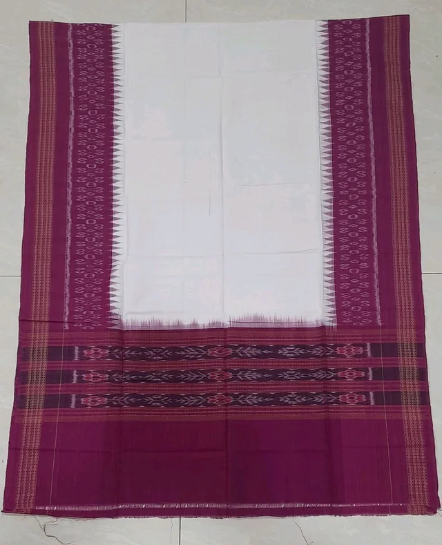 102291 Sambalpuri Handloom Cotton Dupatta - White, Violet Eggplant