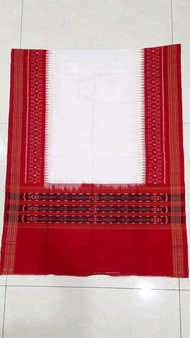 102292 Sambalpuri Handloom Cotton Dupatta - White, Red