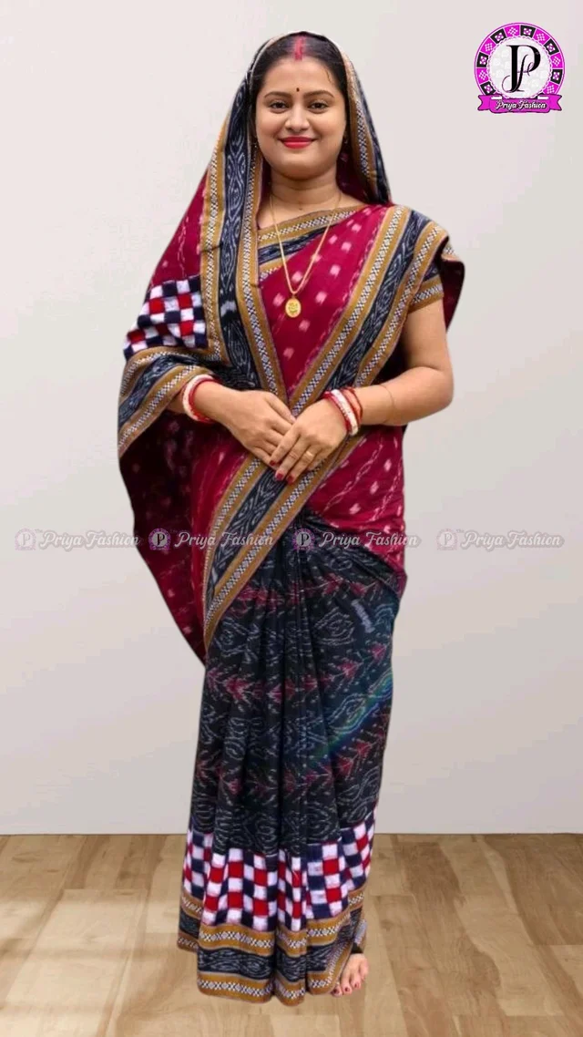 102335 Sambalpuri Handloom Cotton patchwork saree with Blause .. - Red, Black
