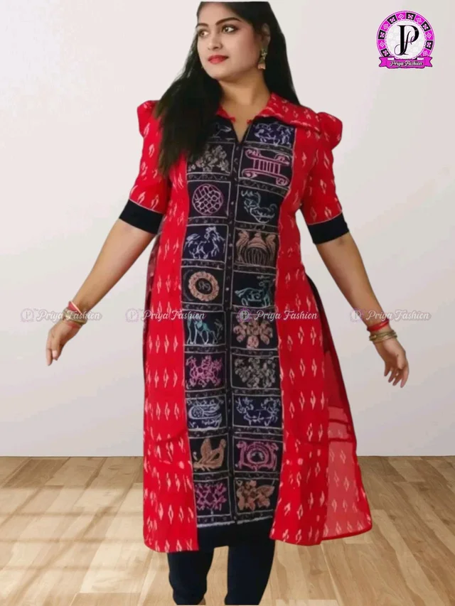 102336 Sambalpuri Handloom Cotton Stitching Kurti In Meroon Colour - Totem Pole, S-36