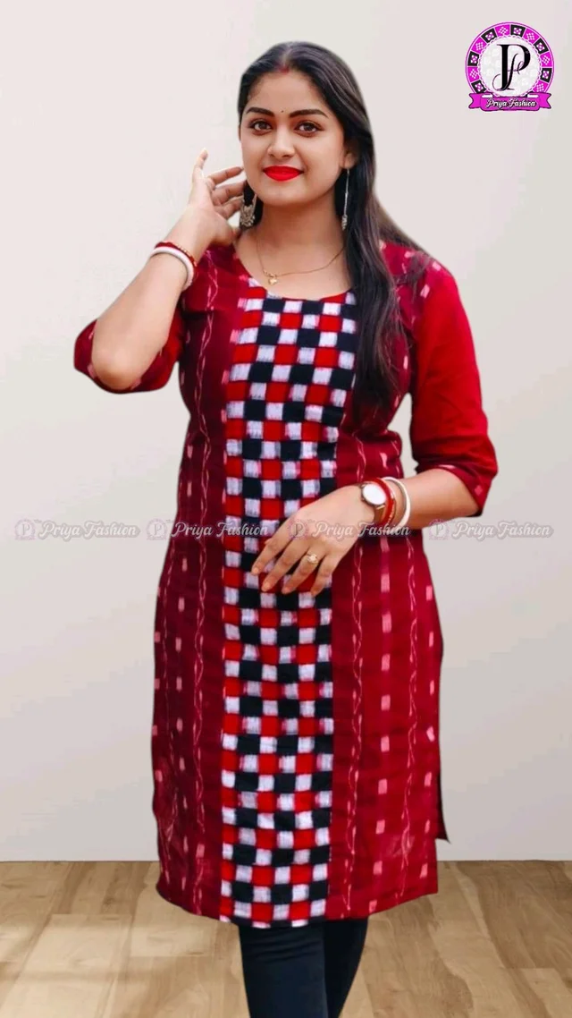 102339 Sambalpuri Handloom Cotton Stitching Kurti In Meroon Colour - Totem Pole, M Size ( 38)