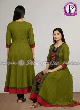 102390 Sambalpuri Round Kurti Top - S-34, Olivetone