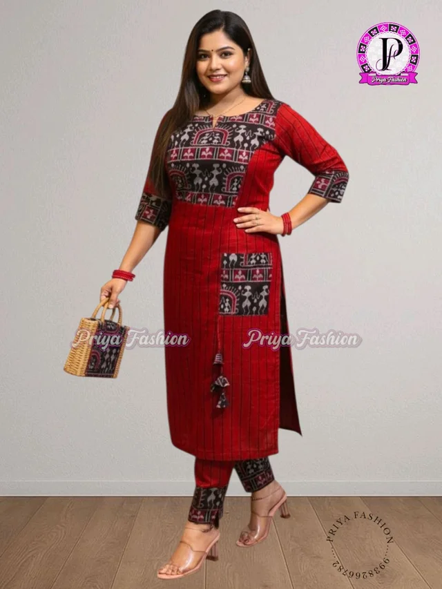 102391 Sambalpuri Handloom Cotton Stitching Kurti In Meroon Colour - Guardsman Red, L- 38, Only Kurti