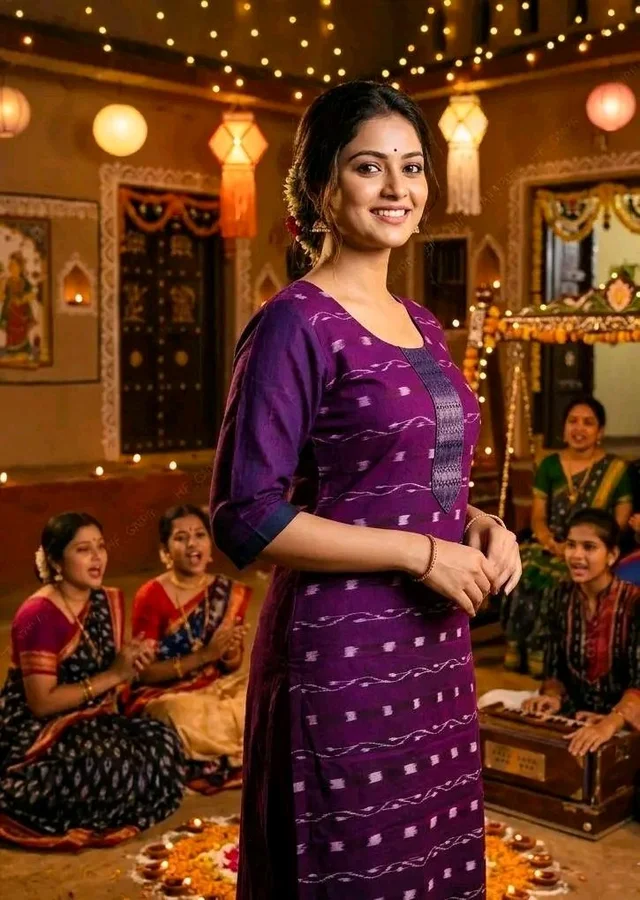 102394  Sambalpuri Handloom Cotton Stitching Kurti Purple With Colour - 32 size- 46 Size 