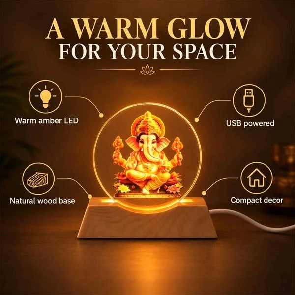 3D Ganesha Acrylic LED Lamp with Warm Golden Glow for Decor (1 Pc)