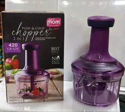Push & Chop 2 in 1 Manual Vegetable Chopper, Purple, 750ml, 420 Grade Stainless Steel Blades, Safe Lid Lock. 