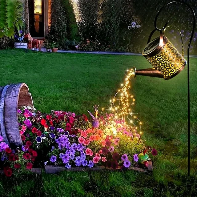 Solar Outdoor Garden Lights Waterproof - Retro Metal Solar Watering Can with Cascading String Lights, Hanging Solar Lantern for Patio, Garden, and Yard Deco