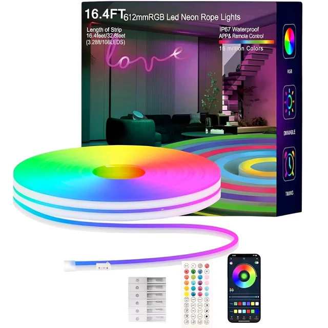5 Meter Smart Neon Strip Lights with RGB LED, App Control, Music Sync, and Multicolor Neon Rope Design
