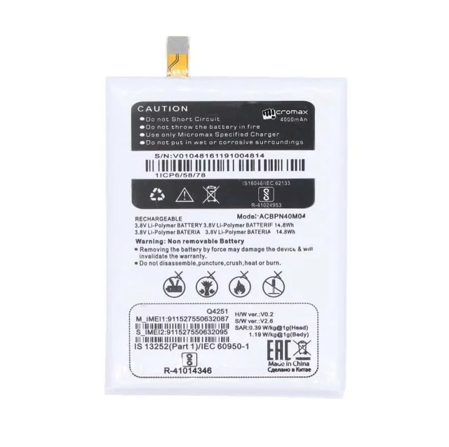 Micromax For Micromax Canvas Juice A1 Q4251 (ACBPN40M04) 4000mAh Battery New FULL CELL Rechargeable Battery