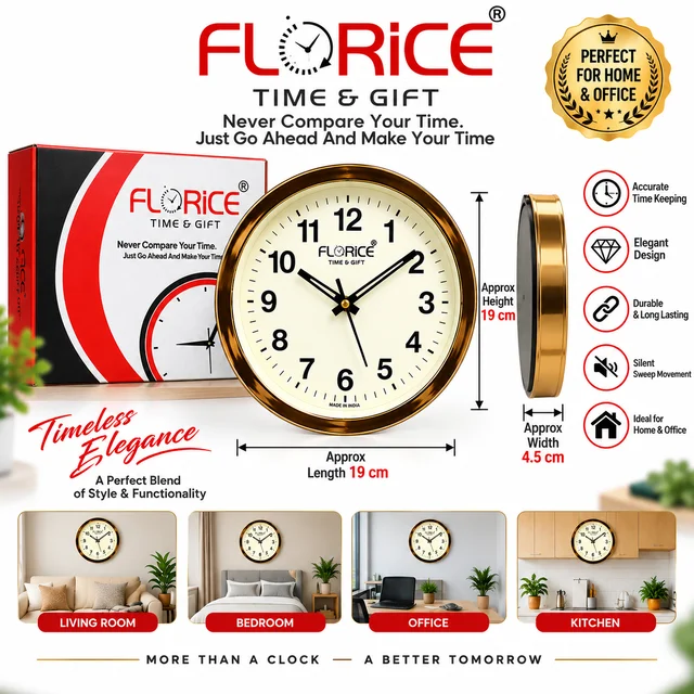 FLORICE Time & Gift Wall Clock | Elegant Round Analog Clock with Gold-Tone Finish | Stylish Decorative Clock for Living Room, Bedroom, Office & Home