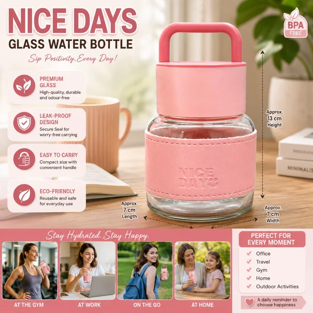 Nice Days Glass Water Bottle with Protective Silicone Sleeve & Carry Handle ( RANDOM COLOURS )| BPA-Free Leak-Proof Glass Drinking Bottle | Reusable Water Bottle for Office, Gym, Travel & Home