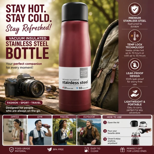 Vacuum Insulated Stainless Steel Water Bottle | Leak-Proof BPA-Free Sports Bottle | Keeps Drinks Hot Up to 10 Hours & Cold Up to 30 Hours | Travel, Office, Gym & Outdoor Use | 550ml