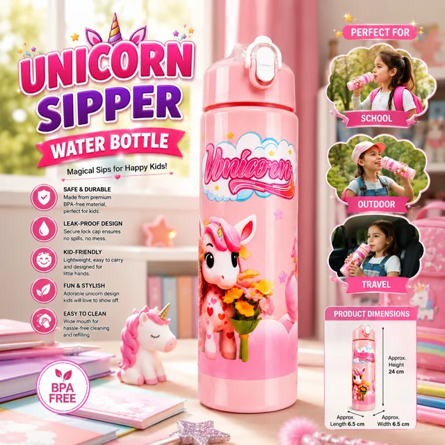 Unicorn Kids Sipper Water Bottle (RANDOM COLOURS) | BPA-Free Leak-Proof Water Bottle with Secure Lock Lid | Cute Cartoon Unicorn Print | Reusable Lightweight School Water Bottle for Girls