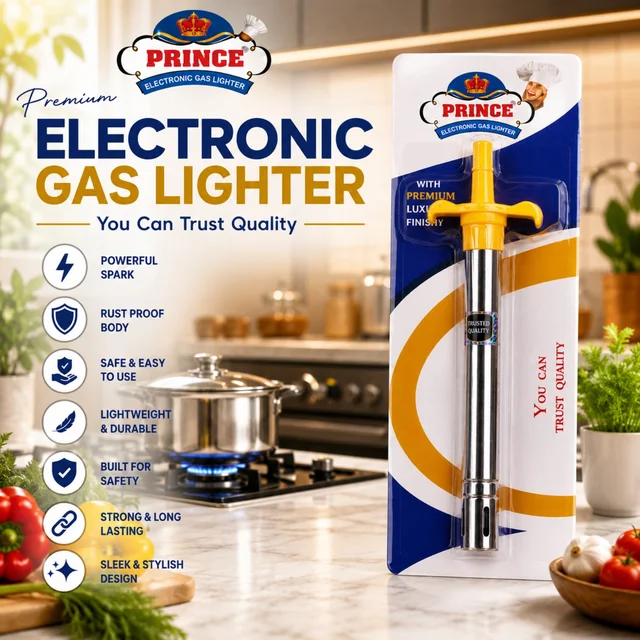 PRINCE Premium Electronic Gas Lighter for Kitchen | Stainless Steel Body | Heavy Duty Spark Ignition | Rust-Proof | Ergonomic Grip | Reusable Gas Stove Lighter | Long Lasting Kitchen Igniter