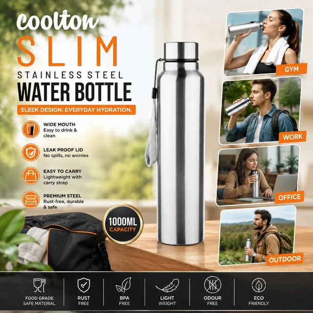 Coolton Slim Stainless Steel Water Bottle 1000ml | Premium Food Grade Stainless Steel | Leak-Proof Lid | BPA Free | Lightweight Reusable Bottle for Gym, Office, Travel & Outdoor
