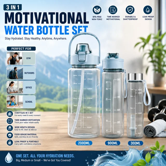 3-in-1 Motivational Water Bottle Set (RANDOM COLOURS) (2000ml + 900ml + 300ml) | BPA-Free Leakproof Water Bottles | Reusable Gym, Sports, Office & Travel Hydration Bottle Set