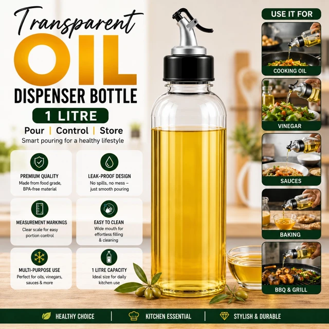 1 Litre Premium Oil Dispenser Bottle with Leak-Proof Pour Spout| Unbreakable Transparent Kitchen Oil Bottle | Leak-Proof, Drip-Free & Refillable Cooking Oil Container for Olive Oil, Vinegar, Soy Sauce & Liquid Seasonings
