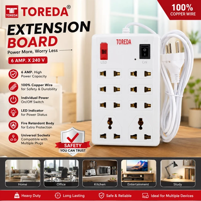 TOREDA 8 Socket Extension Board with Individual ON/OFF Switch & Fuse Protection | 6A 240V Power Strip | 100% Copper Wire Heavy Duty Extension Cord | Universal Multi Plug Socket for Home, Office, TV, Computer & Appliances