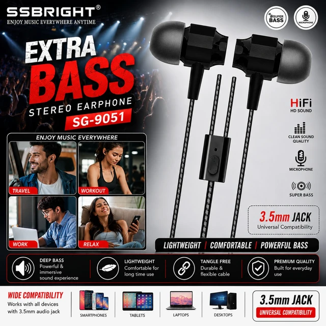 SSBRIGHT SG-9051 Wired Stereo Earphones with Microphone, Extra Bass, HiFi HD Sound, 3.5mm Universal Jack, Lightweight In-Ear Earbuds for Smartphones, Tablets, Laptops & Desktops