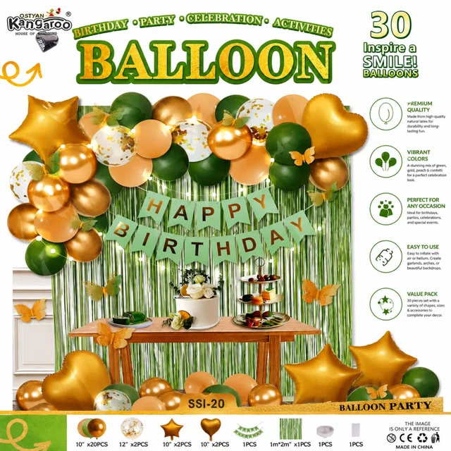 Kangaroo Premium Birthday Balloon Decoration Kit – 30 Pieces | Green, Gold & Peach Theme | Metallic, Confetti, Heart & Star Foil Balloons | Happy Birthday Banner | Party Decoration Set for Birthday, Anniversary & Celebration