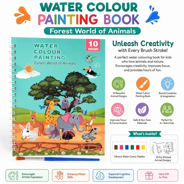 Water Colour Painting Book for Kids 4+ Years | Forest World of Animals | 10 Pre-Printed Animal Designs with Vibrant Water Colour Palette & Paint Brush | Creative Art & Painting Activity Book