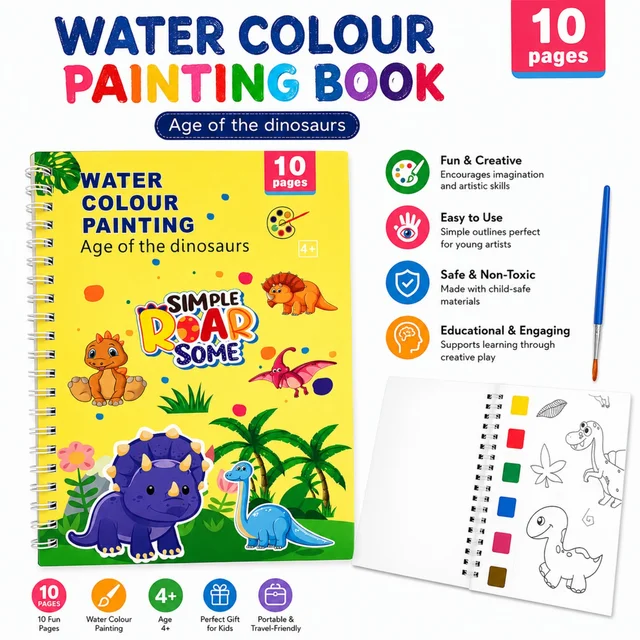 Water Colour Painting Book for Kids – Age of the Dinosaurs, 10 Pages, Creative Painting Activity Book with Brush, Easy-to-Use Water Painting Book for Children Age 4+