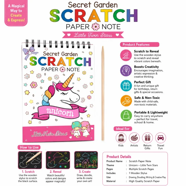 Secret Garden Unicorn Scratch Paper Note for Kids | Creative Scratch Art Notebook with Wooden Stylus | Unicorn Theme Drawing, Doodling & Writing Activity Book | Fun Gift for Kids & Artists