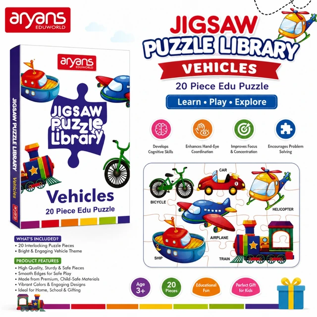 Aryans Eduworld Jigsaw Puzzle Library Vehicles – 20 Piece Educational Puzzle for Kids, Cognitive Learning Toy with Colorful Vehicle Designs, Brain & Problem-Solving Activity, Age 3+