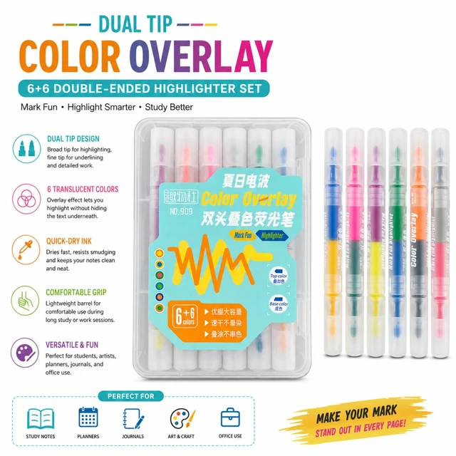 6+6 Double-Ended Highlighter Set | Dual Tip Color Overlay Highlighters with Broad & Fine Tips | Quick-Dry Translucent Ink for Study Notes, Planners, Journals, Art & Office Use