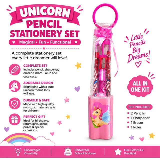 Unicorn Pencil Stationery Set for Kids | Cute Pink All-in-One School Kit with 2 Pencils, Sharpener, Eraser & Ruler | Creative Stationery Gift Set for Girls