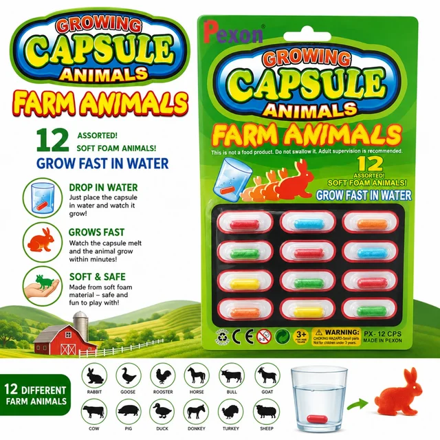 Growing Capsule Farm Animals Toy Set – 12 Assorted Soft Foam Animal Capsules, Grow Fast in Water, Educational Science Activity Toy for Kids