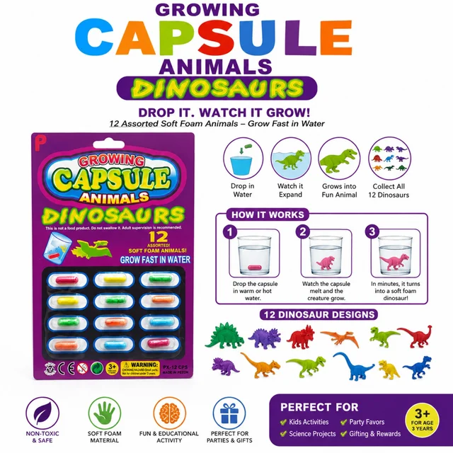 Growing Capsule Animals – 12 Assorted Dinosaur Growing Capsules, Soft Foam Expanding Toys for Kids, Water-Growing Dinosaur Toys, Fun Educational Activity Set, Party Favors & Gifts, Age 3+
