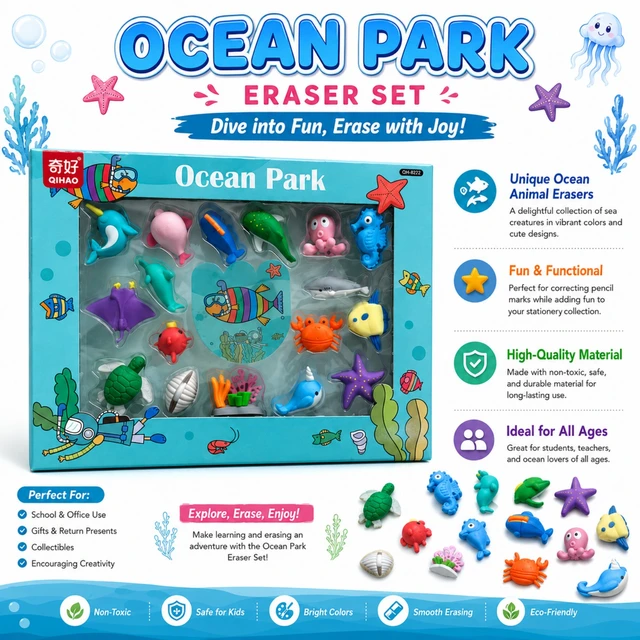 Ocean Park Eraser Set for Kids – Cute Sea Animal Shaped Erasers, Colorful Stationery Erasers for School, Office, Creativity, Collectibles & Gifts