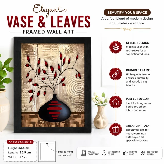 Elegant Vase & Leaves Framed Wall Art for Living Room, Bedroom, Office & Home Décor | Modern Decorative Wall Painting with Durable Frame | Easy to Hang | Approx. 33.5 × 26.5 cm (piece-1)