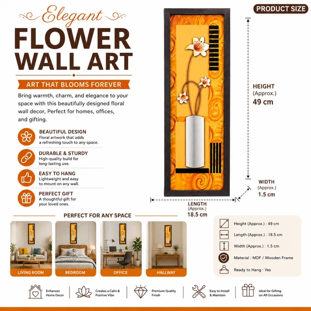 Elegant Flower Wall Art for Living Room, Bedroom, Office & Hallway | Decorative Floral Wall Hanging with MDF/Wooden Frame | Premium Home Décor & Gifting