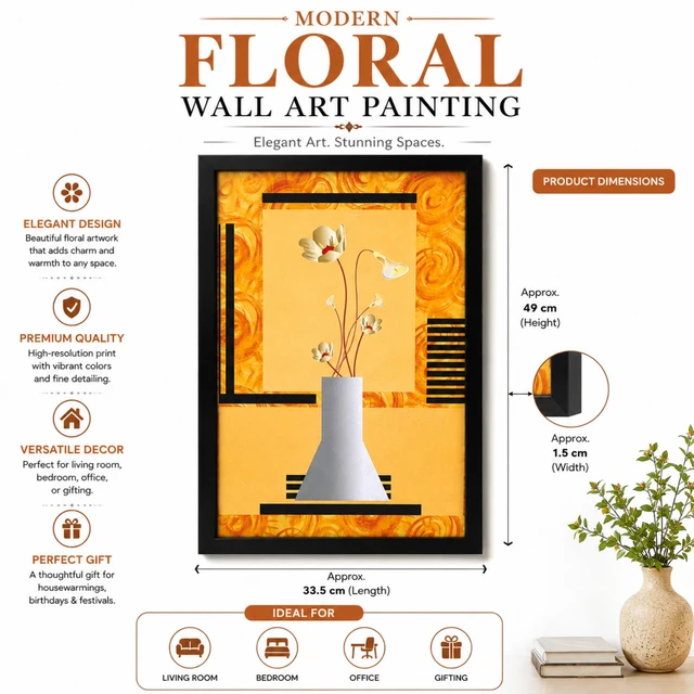 Modern Floral Wall Art Painting photo frame for Living Room, Bedroom & Office | Elegant Decorative Framed Artwork | Premium Floral Home Décor | Approx. 49 × 33.5 × 1.5 cm