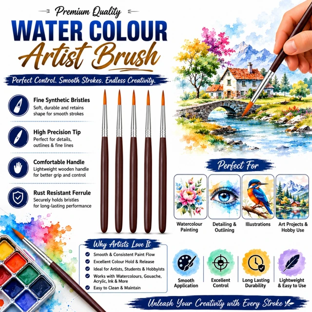 Water Colour Artist Brush PIECE-1 – Fine Synthetic Bristles, High Precision Tip & Comfortable Handle for Watercolour, Acrylic, Ink, Detailing & Illustrations
