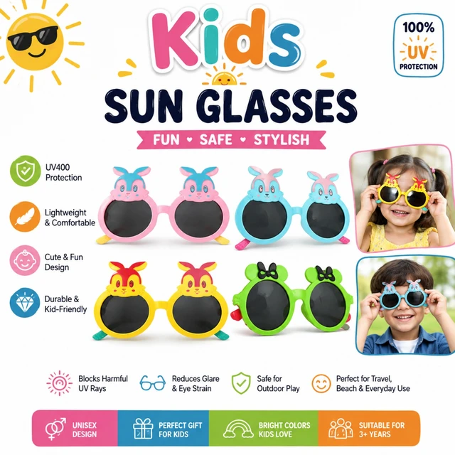 Kids Sunglasses for Boys & Girls PIECE-1 (RANDOM COLOURS)| Cute Bunny & Animal Design Protection Sunglasses | Lightweight & Comfortable Unisex Eyewear for Outdoor Play, Travel, Beach & Everyday Use | Suitable for 3+ Years