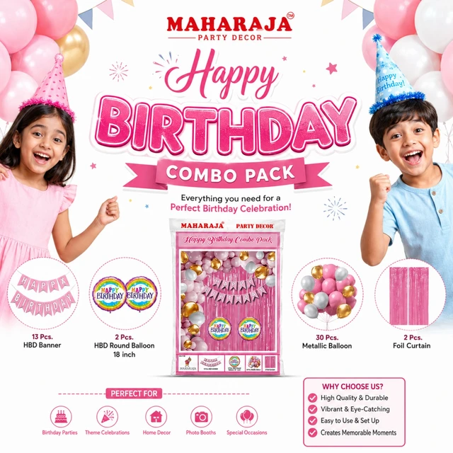 Maharaja Party Decor Happy Birthday Combo Pack | Birthday Decoration Kit with 13 Pcs HBD Banner, 2 Pcs 18 Inch Birthday Balloons, 30 Pcs Metallic Balloons & 2 Pcs Foil Curtains