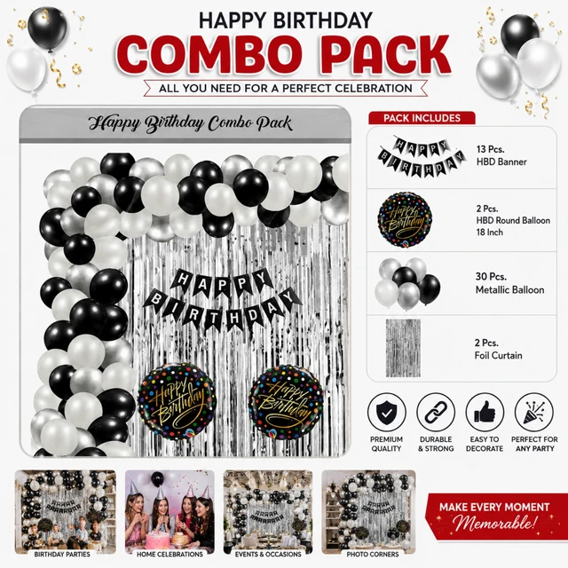 Happy Birthday Decoration Combo Pack with 13 Pcs HBD Banner, 2 Pcs 18 Inch Birthday Foil Balloons, 30 Pcs Metallic Balloons & 2 Pcs Foil Curtains
