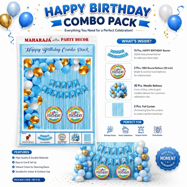 Happy Birthday Decoration Combo Pack with 13 Pcs Birthday Banner, 2 Pcs 18 Inch HBD Foil Balloons, 30 Pcs Metallic Balloons & 2 Pcs Foil Curtains for Birthday Party Decoration