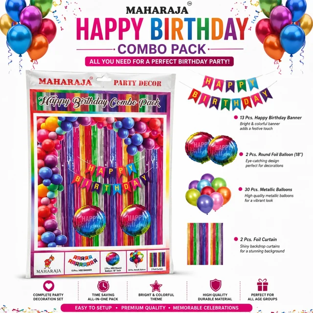 MAHARAJA Happy Birthday Decoration Combo Pack | 13 Pcs Birthday Banner, 2 Pcs 18-Inch Round Foil Balloons, 30 Pcs Metallic Balloons & 2 Pcs Foil Curtain | Complete Birthday Party Decoration Set