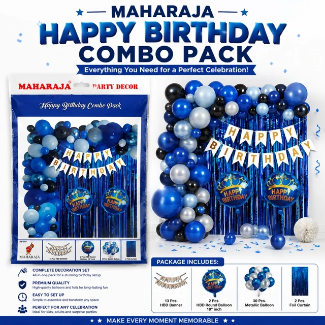 Maharaja Happy Birthday Combo Decoration Kit with 13 Pcs Birthday Banner, 2 Pcs 18-Inch Foil Balloons, 30 Pcs Metallic Balloons & 2 Pcs Foil Curtains for Birthday Party Decoration