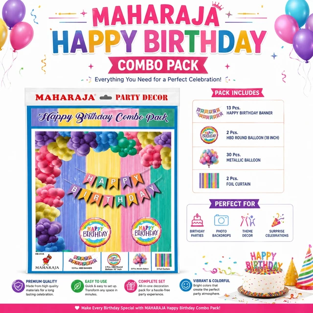 Maharaja Happy Birthday Decoration Combo Pack | 13 Pcs Happy Birthday Banner, 2 HBD Round Balloons, 30 Metallic Balloons & 2 Foil Curtains | Birthday Party Decoration Kit