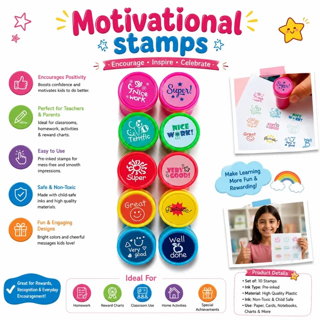 Motivational Stamps for Kids – Set of 10 Pre-Inked Positive Message Stamps for Teachers, Parents, Homework, Reward Charts, Classroom Activities & Kids Encouragement