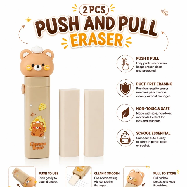 2 Pcs Push & Pull Eraser for Kids & Students, Cute Bear Design Eraser with Protective Case, Retractable Pencil Eraser for School, Home & Office